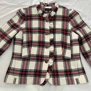 Talbots Womens Classic Plaid Wool Blend Blazer Sz 16P Peplum Back Ruffle Front